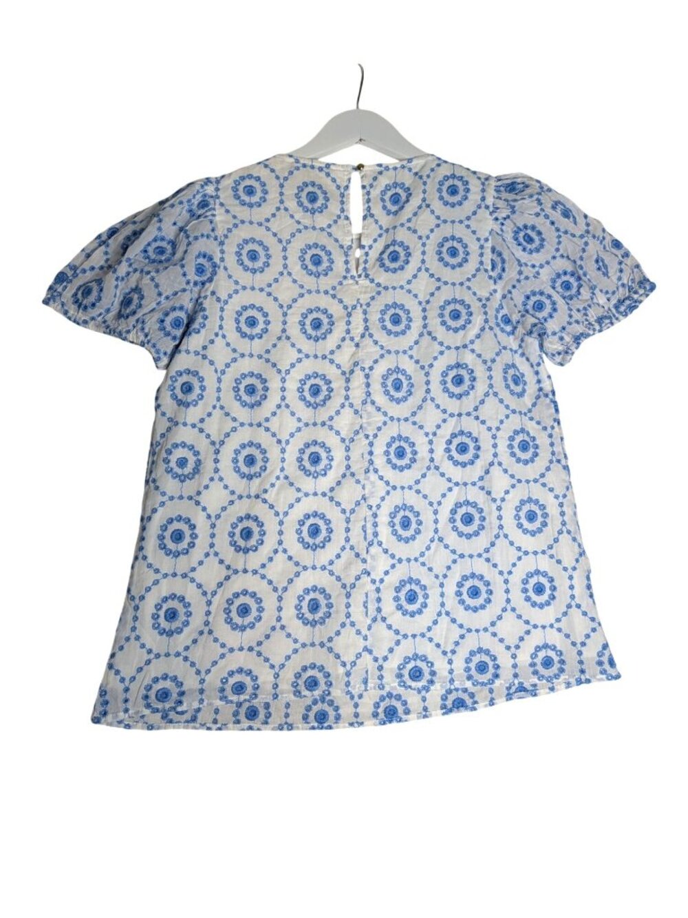 SAIL TO SABLE Blue & White Embroidered Eyelet Puff Short Sleeve Babydoll Top - S - Picture 12 of 15